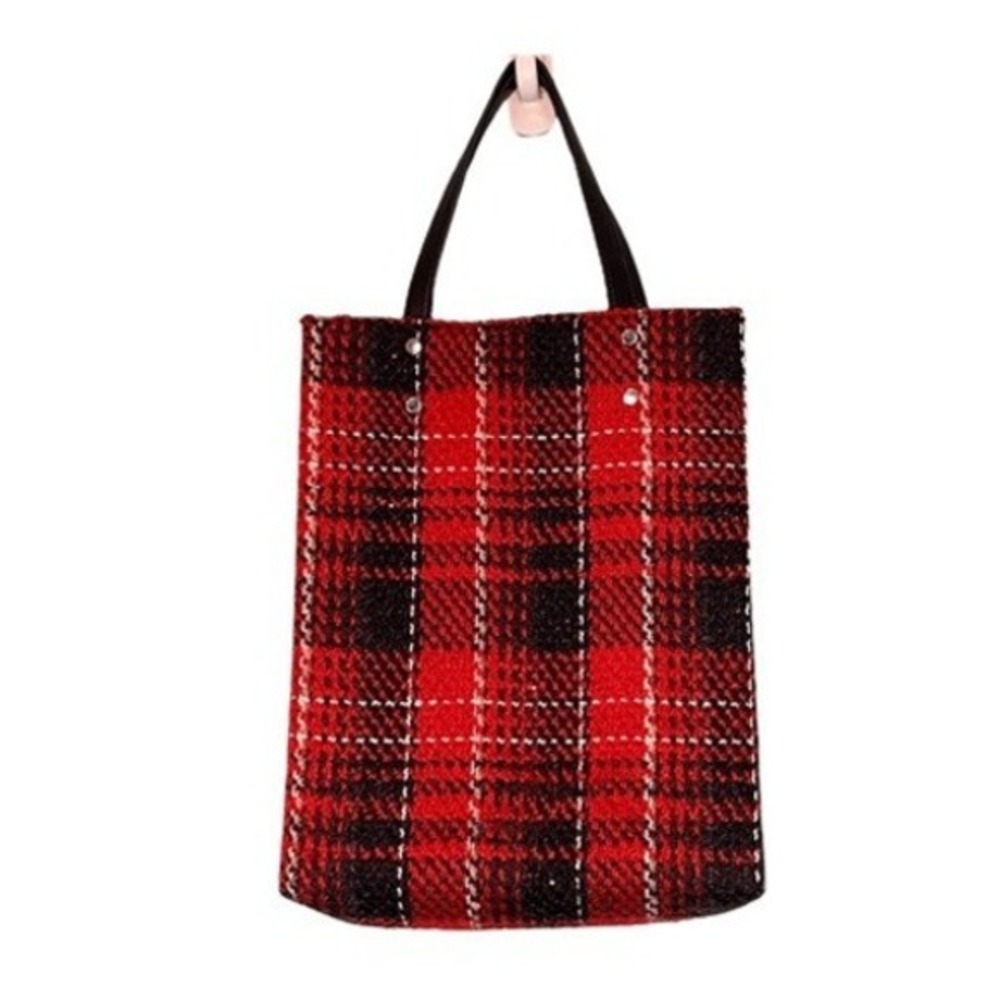 Core Life Lord & Taylor Double Sided Tartan Plaid Pocket Tote Red Black Tweed Kn